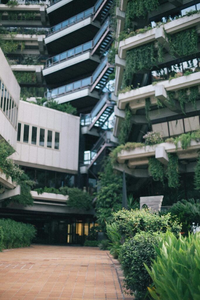 Facade of modern building with green plants